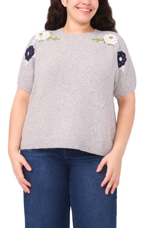 Floral Embroidered Short Sleeve Sweater (Plus)