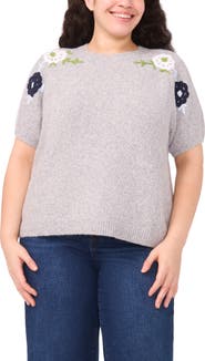 CeCe Floral Embroidered Short Sleeve Sweater