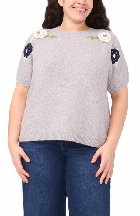 CeCe Floral Embroidered Short Sleeve Sweater