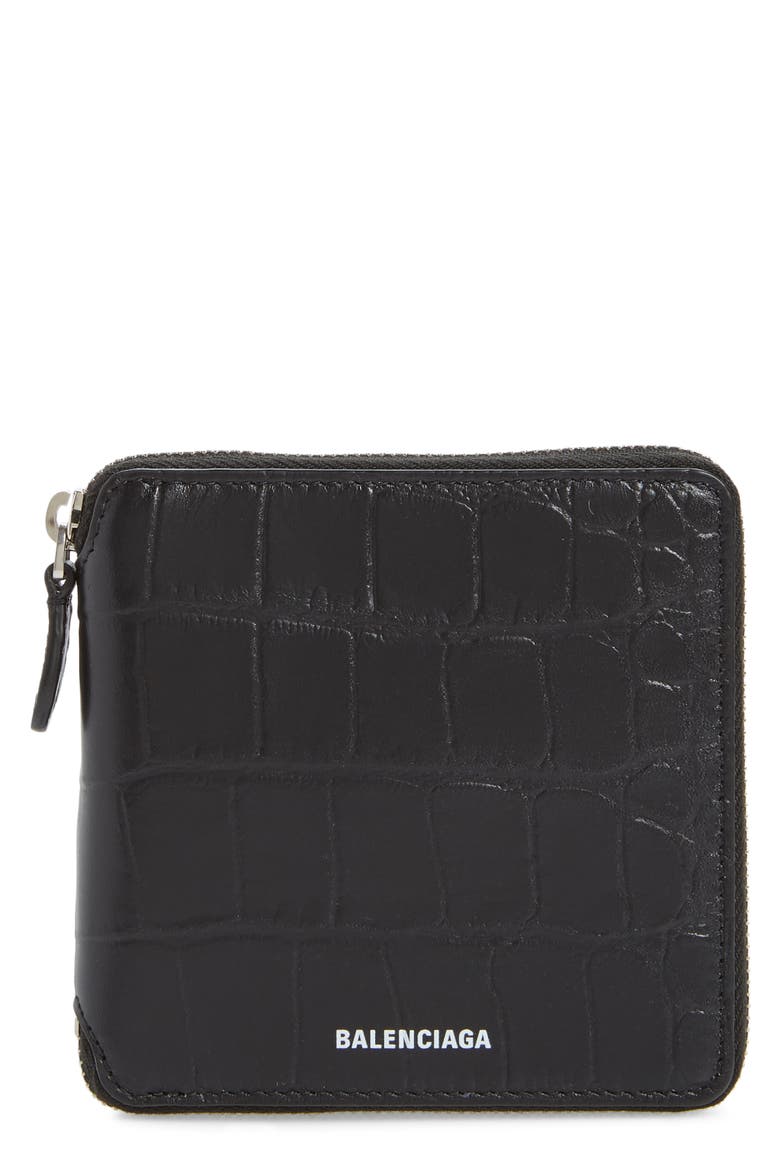 Ville Croc Embossed Leather Square Wallet, Main, color, BLACK/ L WHITE