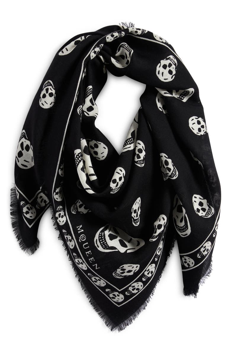 McQueen Skull Print Wool Fringe Scarf, Alternate, color, Black/ Ivory