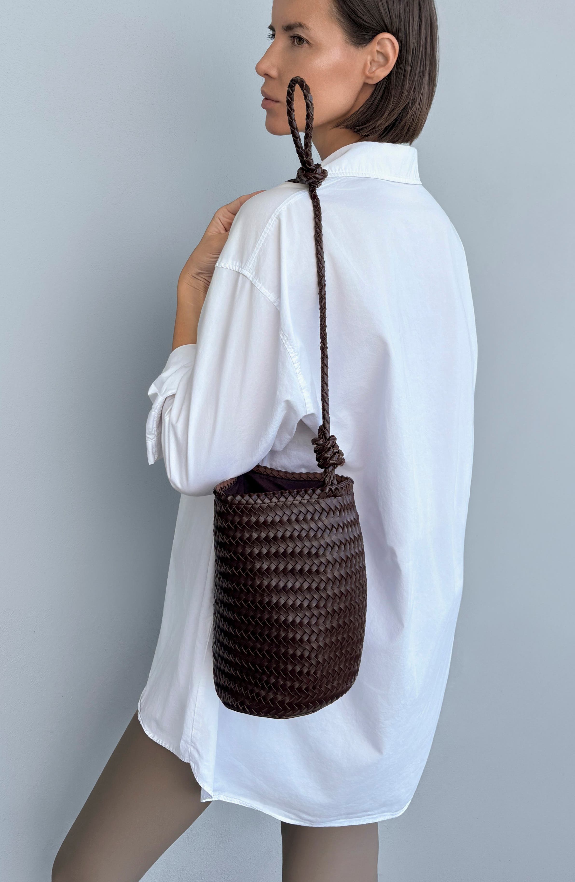 Woven Faux Leather Shoulder Bag, Alternate, color, BROWN