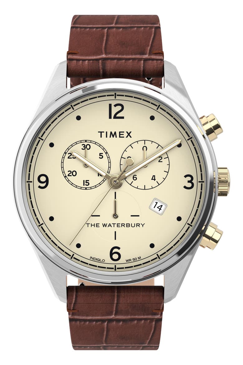 Waterbury Chronograph Leather Strap Watch, 42mm, Main, color, BROWN/ CREAM/ SILVER