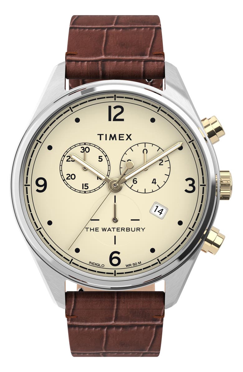 Timex<sup>®</sup> Waterbury Chronograph Leather Strap Watch, 42mm, Main, color, 