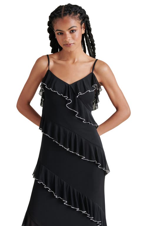 Steve Madden Aida Contrast Trim Ruffle Sleeveless Asymmetric Midi Dress In Black