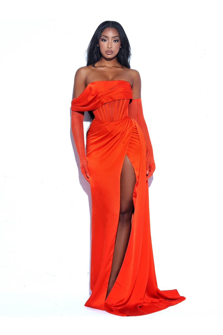 Rebecca High Slit Corset Evening Gown, Alternate, color, Orange