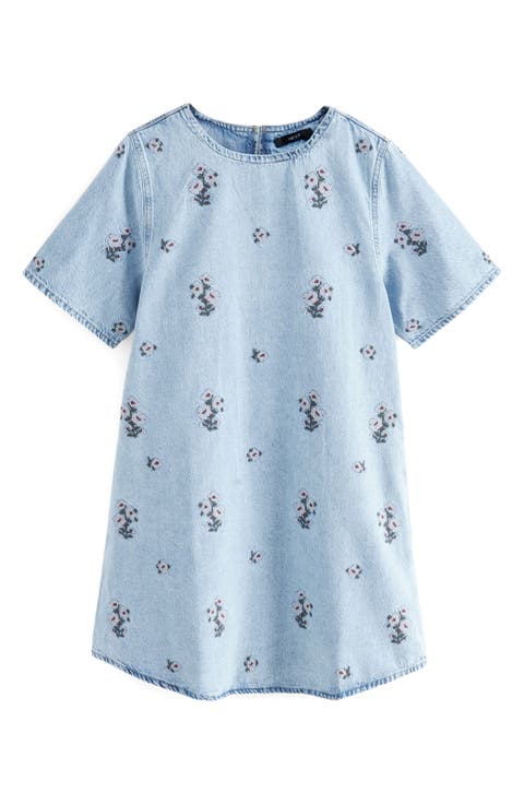 Floral Cross-Stitch Denim Shift Dress