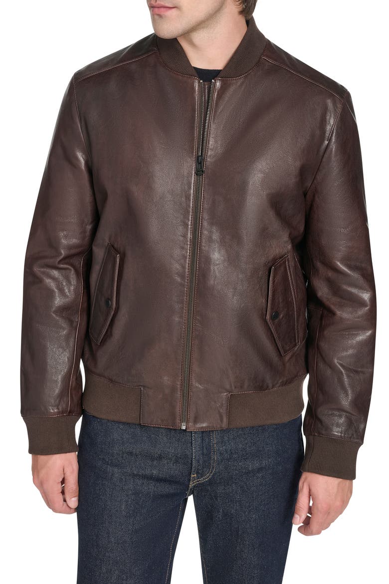 Leather Bomber Jacket, Main, color, BROWN