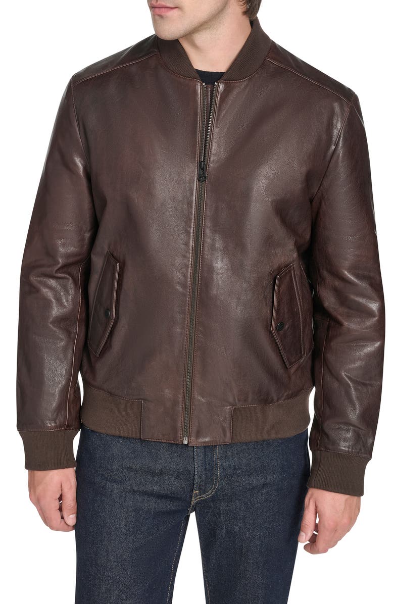 Cole Haan Leather Bomber Jacket, Main, color, Brown
