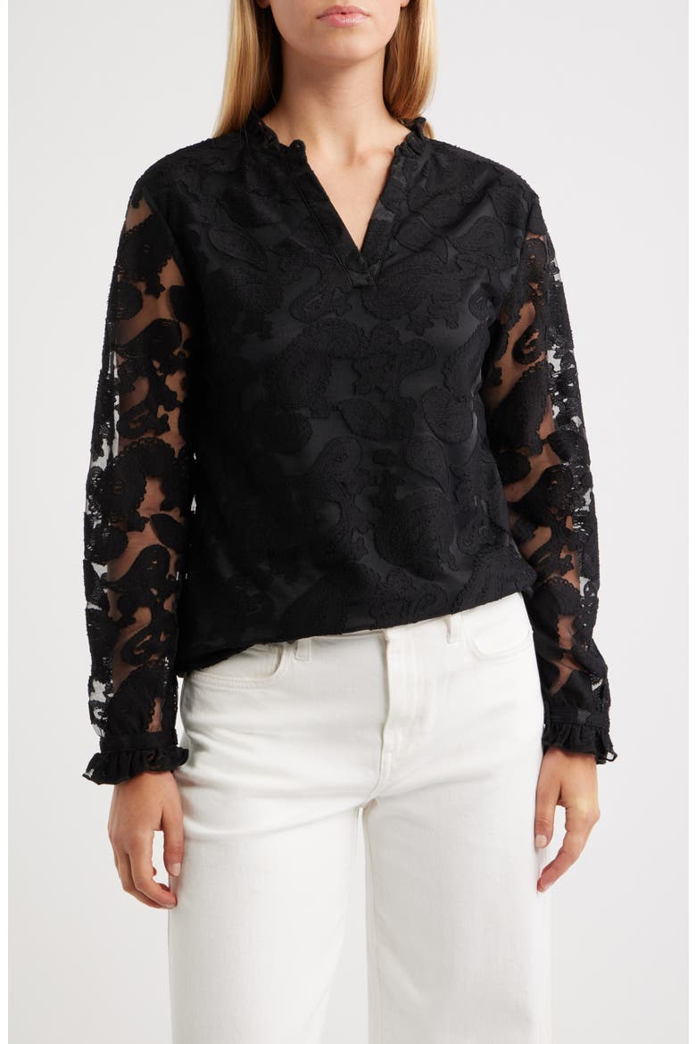 Kang Lace Appliqué Split Neck Top, Main, color, BLACK