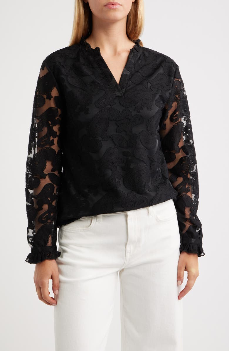 NIKKI LUND Kang Lace Appliqué Split Neck Top, Main, color, Black