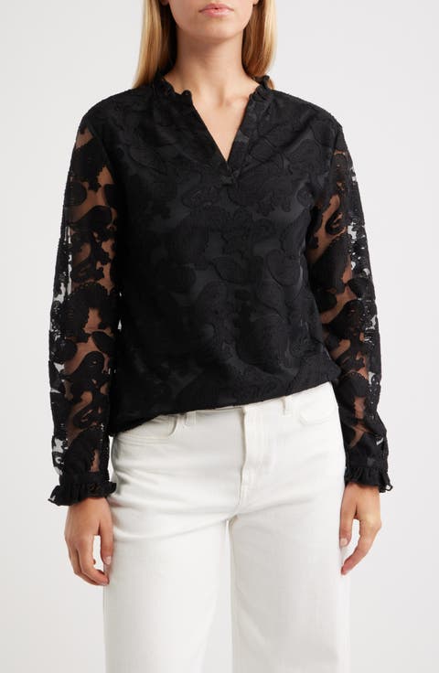 Kang Lace Appliqué Split Neck Top