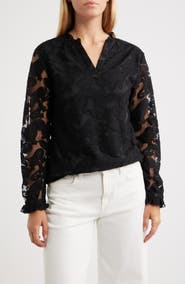 NIKKI LUND Kang Lace Appliqué Split Neck Top