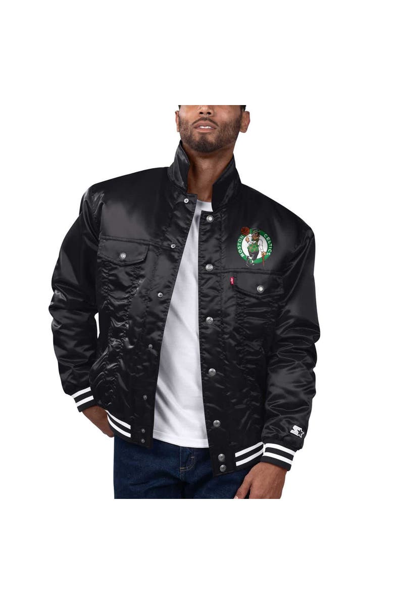 STARTER Men's Starter x Levi's Black Boston Celtics Silver Label Trucker Satin Full-Snap Jacket, Alternate, color, Black