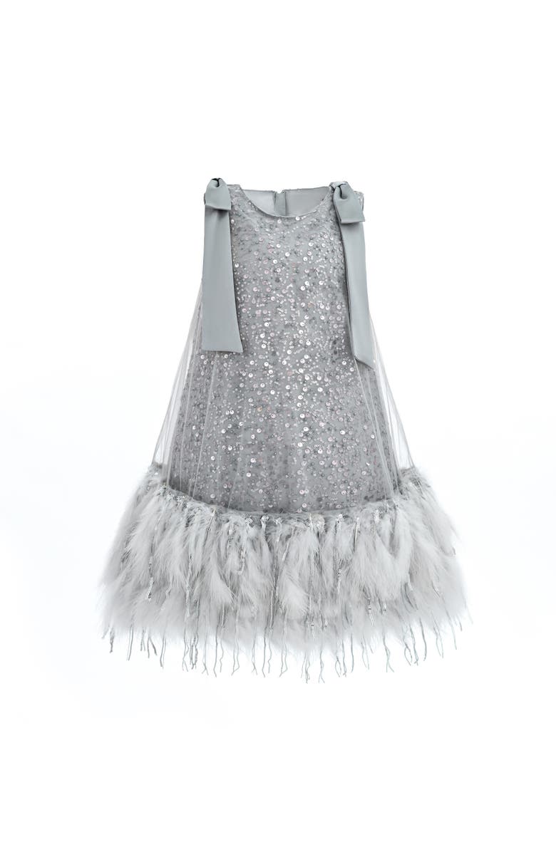 Tulleen Sequin Feather Dress, Alternate, color, Silver