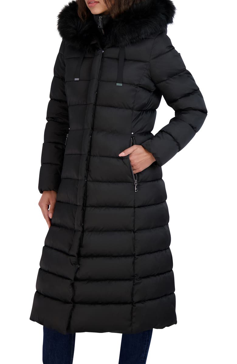 Tahari Nellie Faux Fur Trim Hooded Puffer Jacket with Bib, Alternate, color, Black