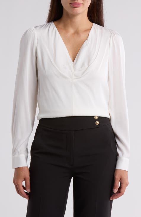 Pleated V-Neck Long Sleeve Blouson Top