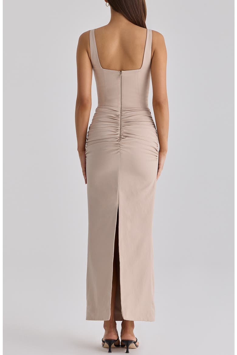 Calandra Stretch Crepe Ruched Maxi Dress, Alternate, color, TAUPE