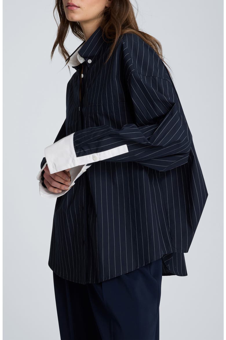 Pinstriped Cotton Button-Up Shirt, Alternate, color, DK NAVY/ PURE WHITE