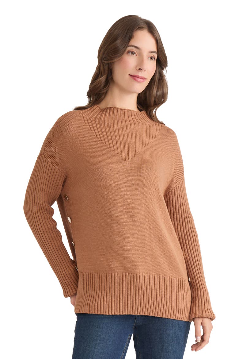 Button Detail Rib Funnel Neck Sweater, Alternate, color, CARAMEL