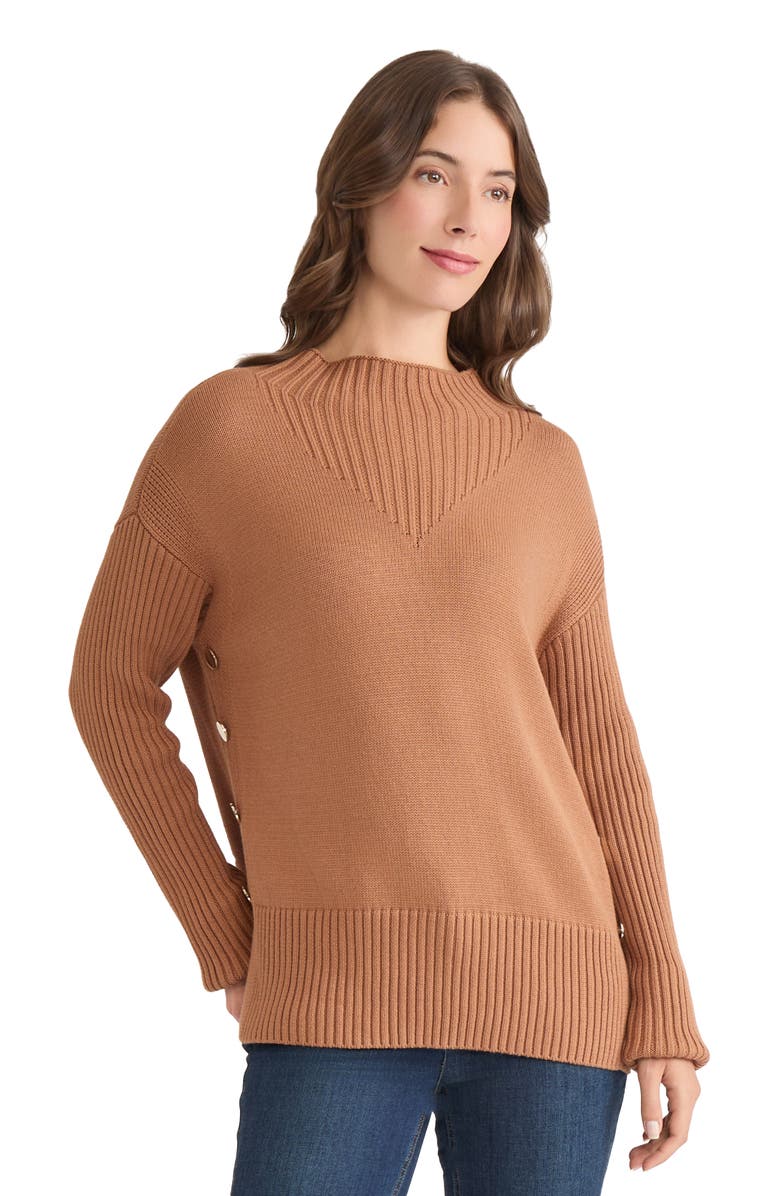 Jones New York Button Detail Rib Funnel Neck Sweater, Alternate, color, Caramel