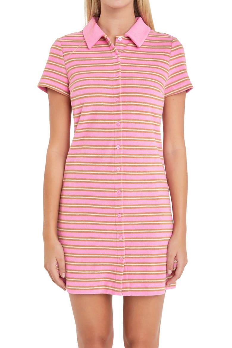Stripe Terry Cloth Polo Mini Shirtdress, Alternate, color, PINK MULTI