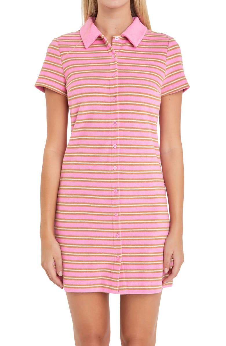English Factory Stripe Terry Cloth Polo Mini Shirtdress, Alternate, color, 