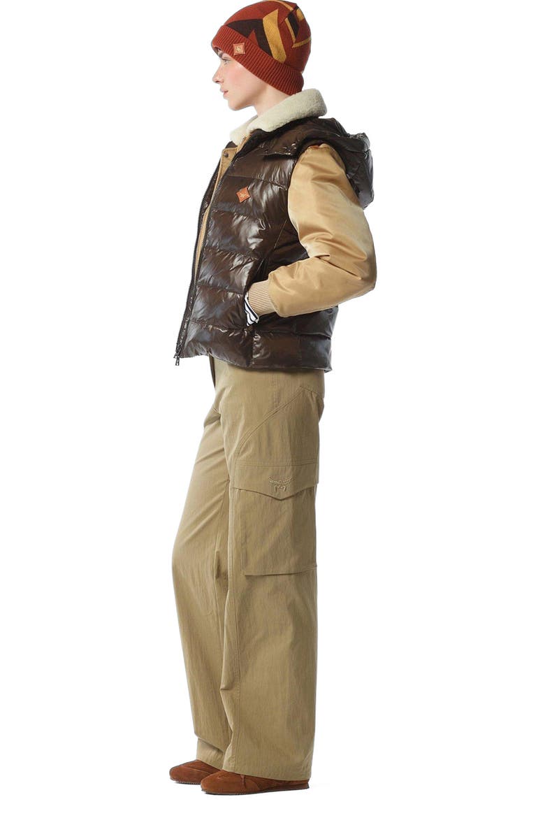 Puffer Down Vest w/ Detachable Hood in Recycled Nylon, Alternate, color, Brown