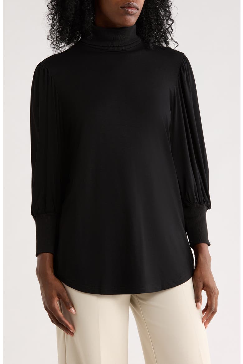 Mock Neck Ruched Sleeve Top, Main, color, BLACK