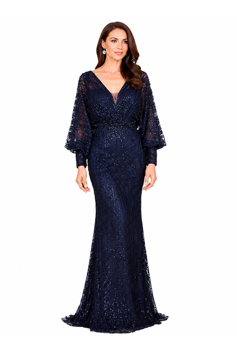 Beaded Faux-Wrap V-Neck Bridal Gown, Alternate, color, Navy