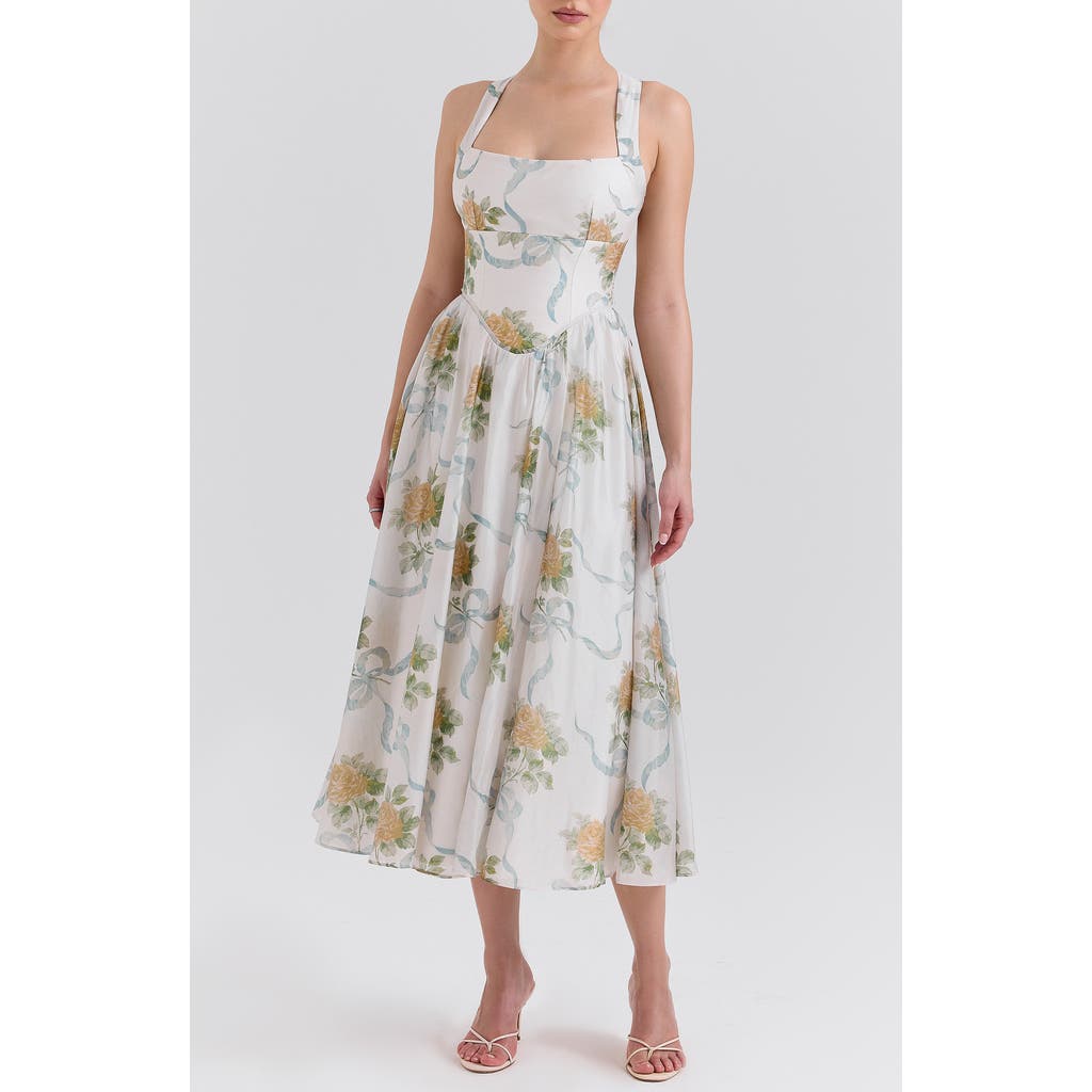 House Of Cb Of Cb Womens Soft Blue Vintage Minerva Floral-print Chiffon Midi Dress In Yellow Rose Off White