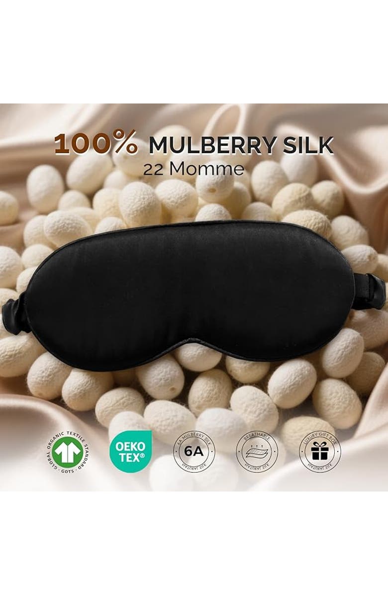 SILKSILKY 1 PC 22Momme Mulberry Silk 3D Contoured Blackout Eye Mask With Elastic Band, Alternate, color, Black
