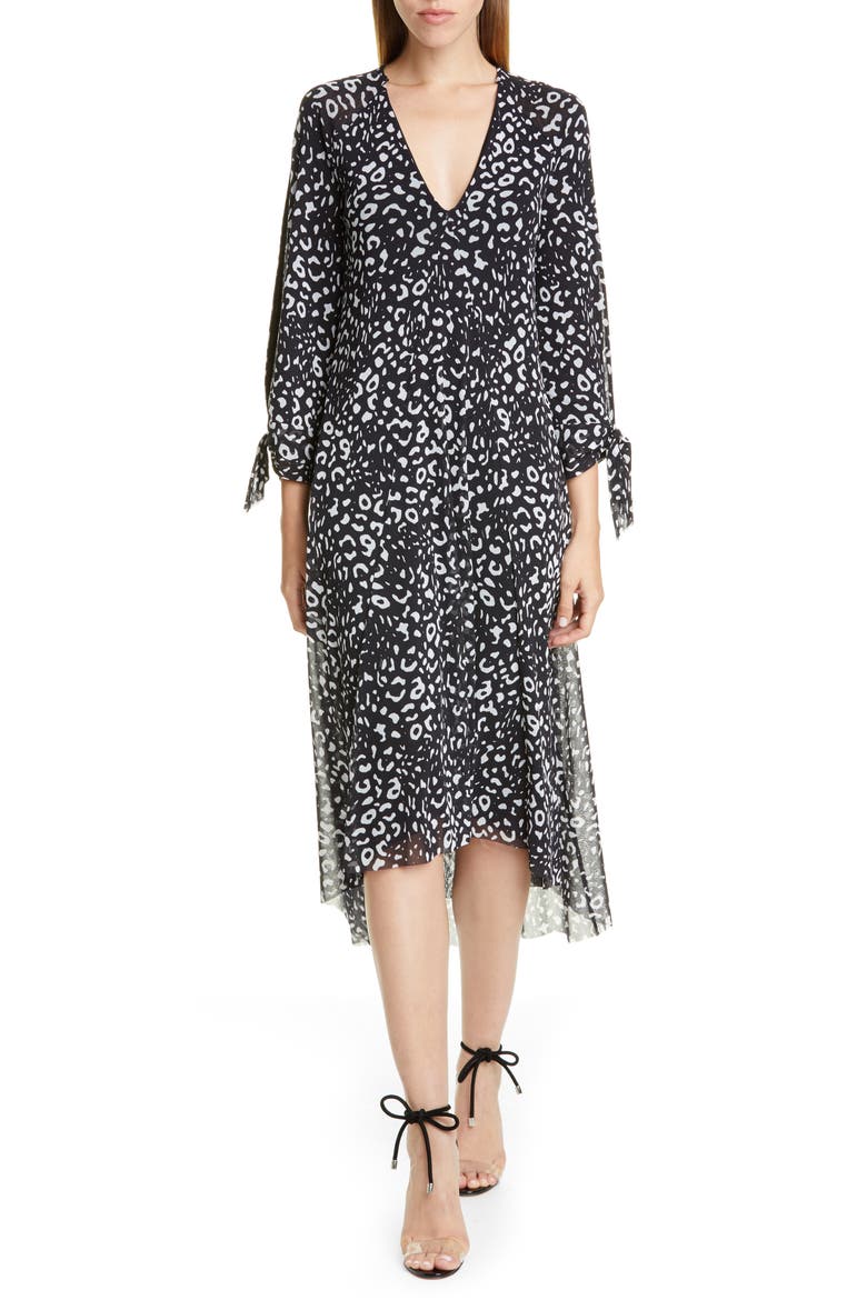 Leopard Print Tie Long Sleeve Midi Dress, Main, color, NERO