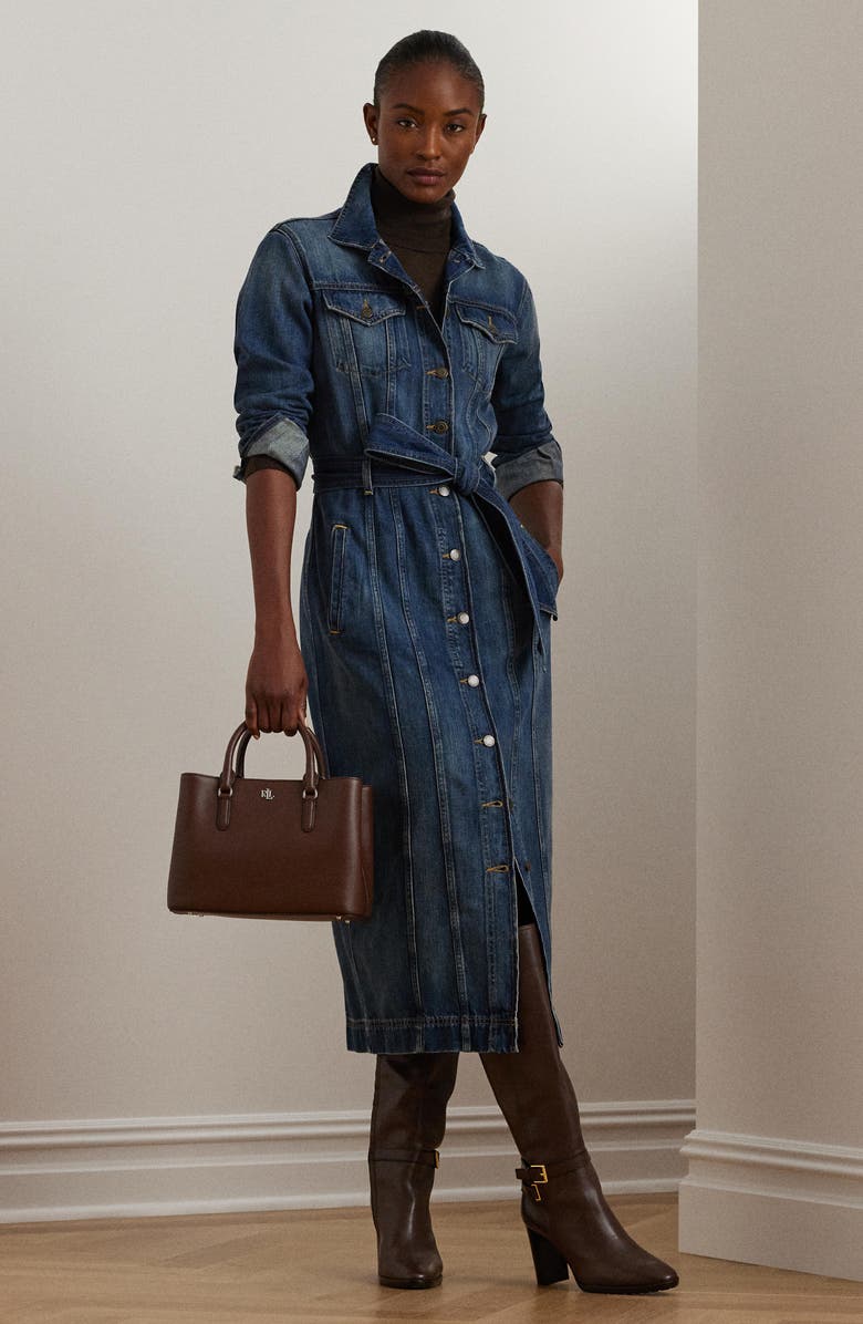 knee length dresses for ladies Lauren Ralph Lauren Women's Belted Denim Cap-Sleeve Dress Denim Blue main image 1