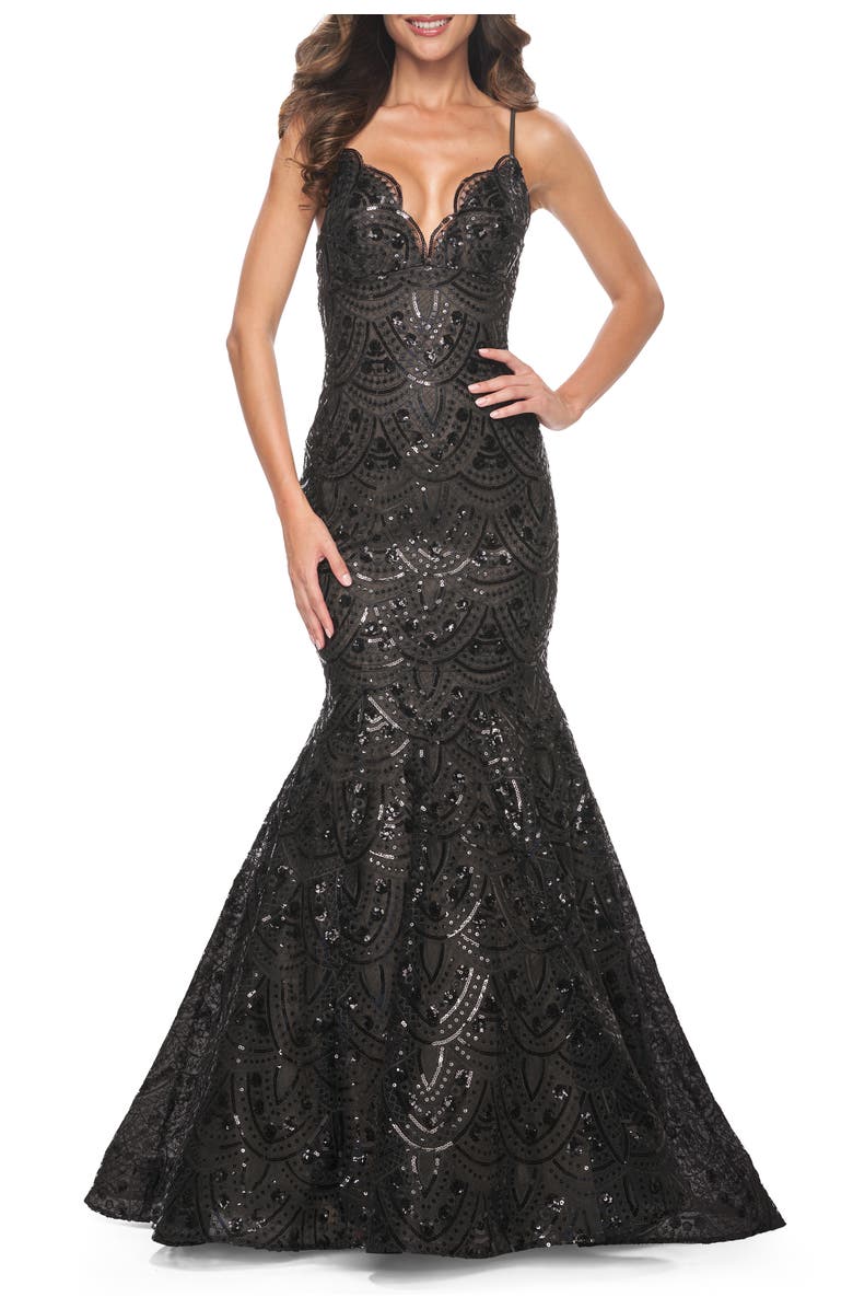 La Femme Mermaid Print Sequin Dress with Scallop Detail Neckline, Main, color, Black