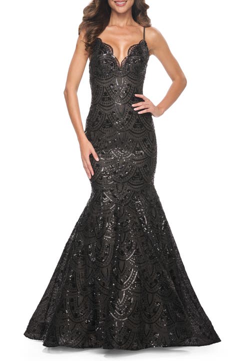 Mermaid Print Sequin Dress with Scallop Detail Neckline