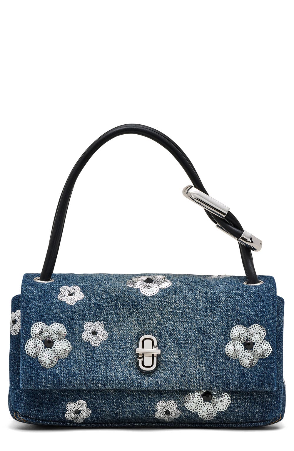 The Mini Dual Sequin Daisy Denim Top Handle Bag, color, VINTAGE INDIGO