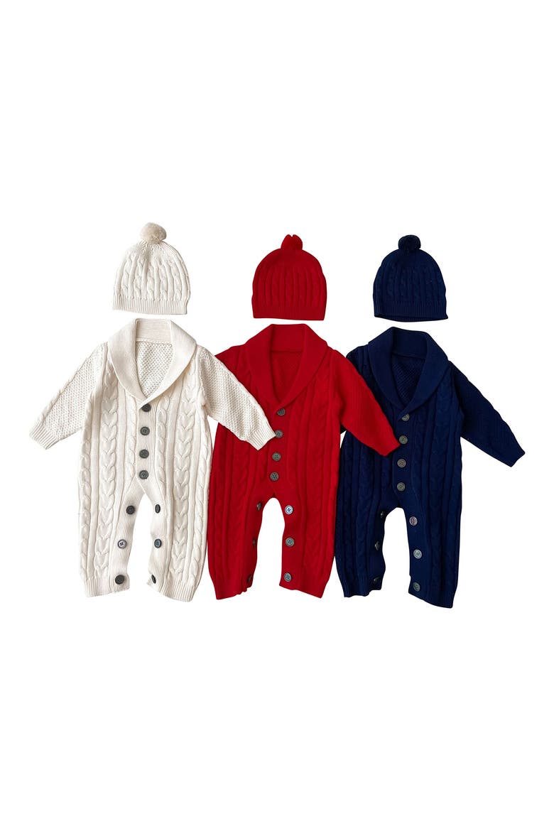 Rio Knit Cotton Romper & Pom Beanie Set, Alternate, color, WHITE