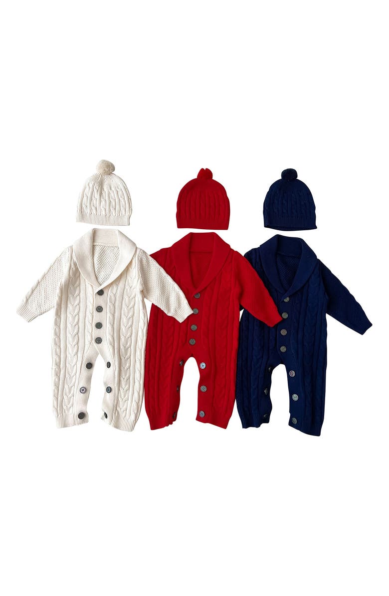 Ashmi & Co. Rio Knit Cotton Romper & Pom Beanie Set, Alternate, color, White