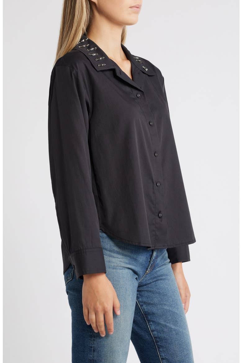 Beaded Collar Cotton Blend Button-Up Shirt, Alternate, color, BLACK