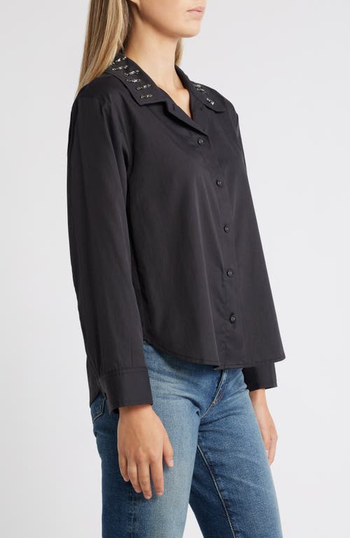 Wit & Wisdom Beaded Collar Cotton Blend Button-up Shirt In Black