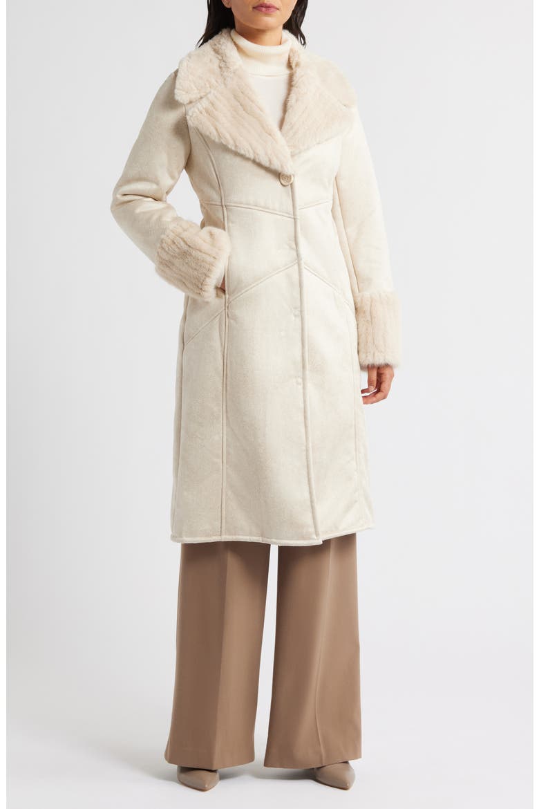 Faux Fur Trim Longline Coat, Main, color, BEIGE