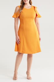 24seven Comfort Apparel Ruffle Cold Shoulder A-Line Dress