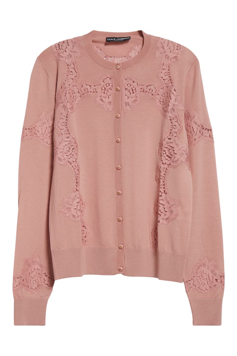 Lace Detail Virgin Wool & Cotton Blend Cardigan, Alternate, color, ROSA POLVERE SCURO