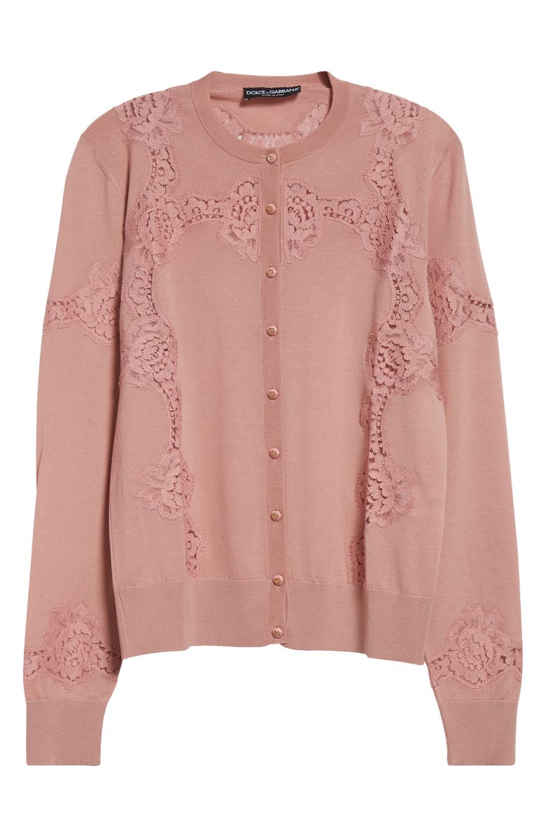 Dolce&Gabbana Lace Detail Virgin Wool & Cotton Blend Cardigan, Alternate, color, Rosa Polvere Scuro
