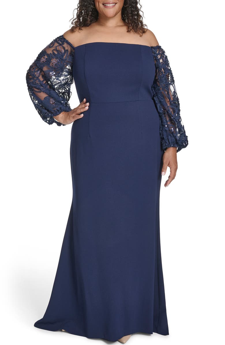 Eliza J Off the Shoulder Lace Long Sleeve Gown, Main, color, Navy