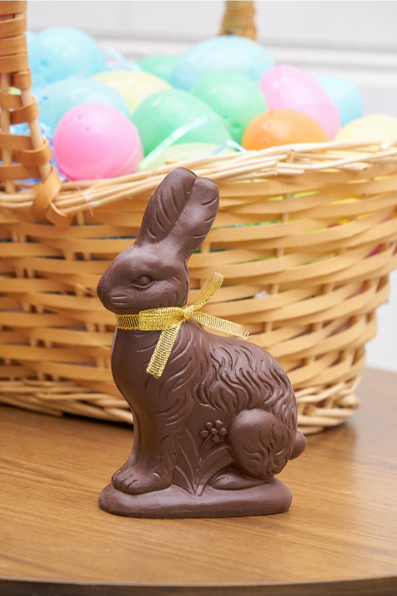 Dark Chocolate Resin Gold Ribbon Easter Rabbit Medium Figurine, Alternate, color, Brown