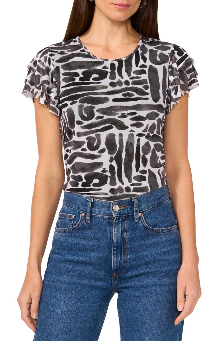 Vince Camuto Geo Print Flutter Sleeve Mesh Top, Main, color, Lucent White