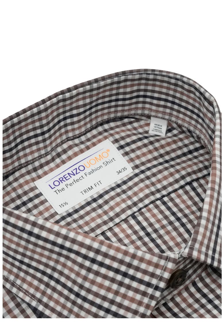 Plaid Check Trim Fit Stretch Cotton Blend Dress Shirt, Alternate, color, MOCHA