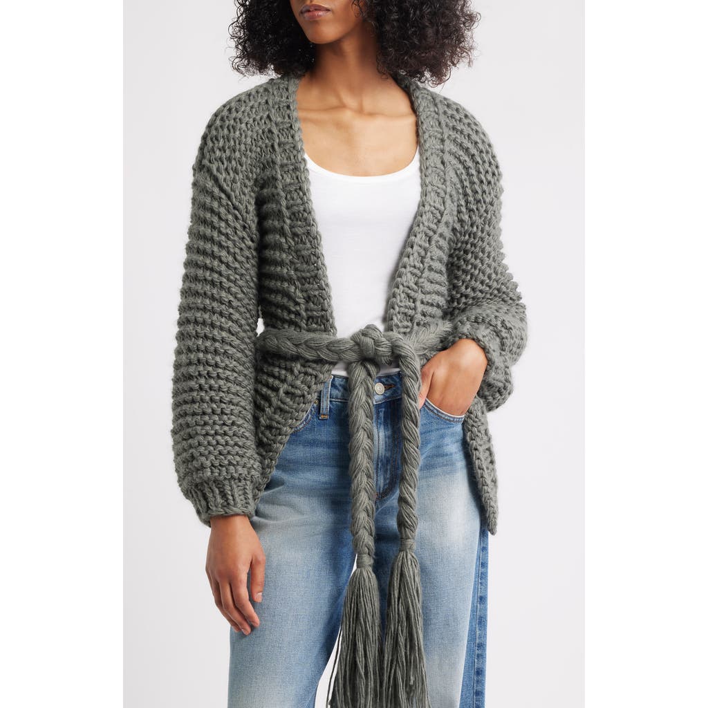 Roffe Accessories Chunky Belted Cardigan In Gray